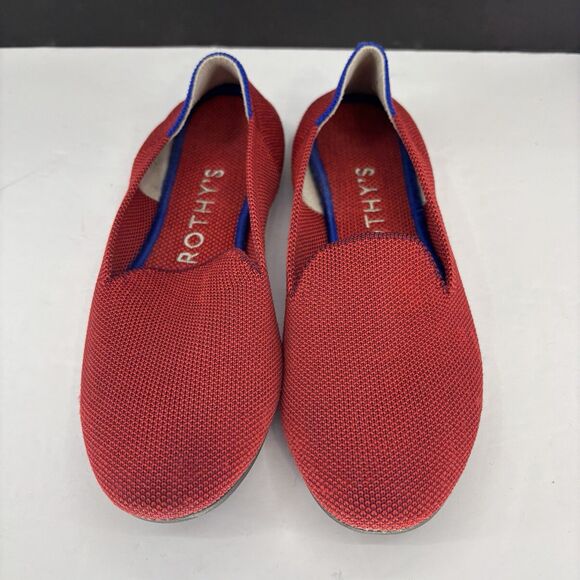 Rothys The Flat Loafer W6 Dark‎ Red Knit Halo Ballet Round Toe/Slip-On Blue Trim - Picture 2 of 16